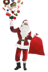 Santa Claus levitating gift boxes, festive decor and treats on white background. Christmas magic