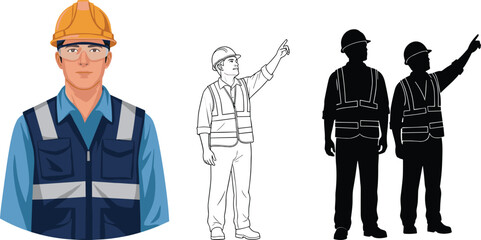 Construction workers wearing safety gear, hard hats, and reflective vests with portrait, standing pose, silhouette versions for industrial and engineering design.
