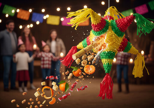 Exploding Pi&ntilde;ata Raining Candy and Fruit at a Mexican Posada