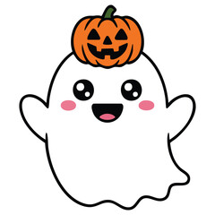 Flying ghost holding pumpkin boo Halloween isolated vector illustration on white