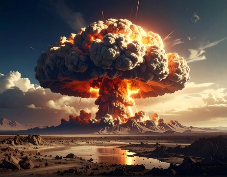 Apocalyptic Scenery: Gigantic Mushroom Cloud Rising Over A Barren Landscape - Powered by Adobe