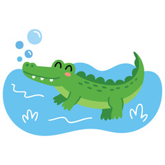 Cute crocodile bathing with toy ship animal isolated vector illustration on white background