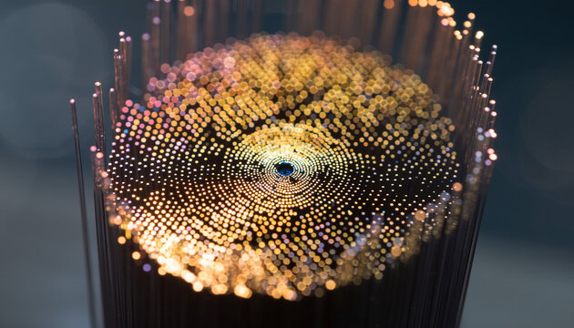 A macro shot of the cross-section of a bundle of fiber optic cables, with countless points of light shining.
