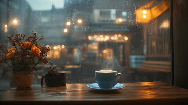 Steaming Coffee Cup by Window with Roses on Wooden Table Outside City Street in Rain