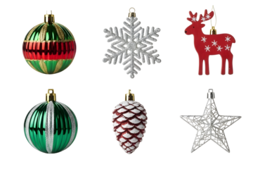 Collection of six different christmas ornaments isolated on transparent background