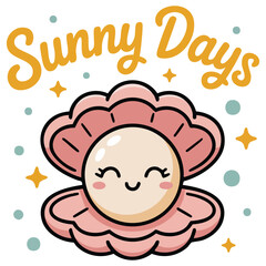 Cartoon open shell with pearl summer greeting card isolated vector illustration