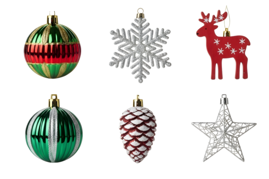 Collection of six different christmas ornaments isolated on transparent background