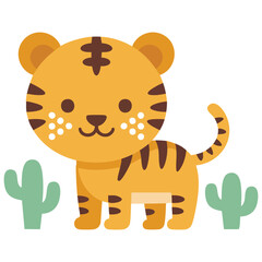 Lion and cactus flat design children print isolated vector illustration on white