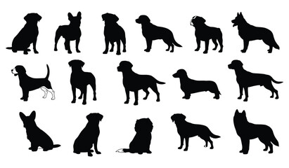Diverse dog breed silhouettes collection, various poses, clean graphic design Vector
