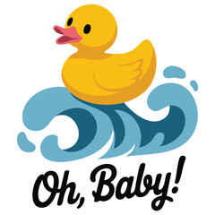 Baby shower invitation with cute yellow duck isolated vector illustration on white