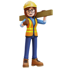 Female Handywoman Construction Worker carrying wood plank and giving thumbs
