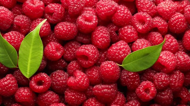 Fresh ripe raspberries and leaves as background, top view