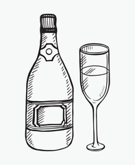 Doodle of Wine bottle and glass with wine, vector illustration