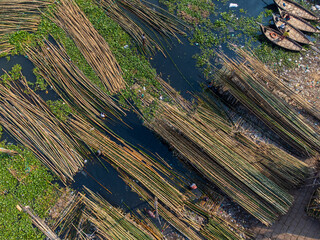 Dhaka, Bangladesh - 24 November 2025: Aerial view of floating bamboo market, where bundled bamboo stalks create linear patterns against the dark water and green vegetation.