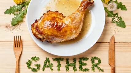 Roasted Turkey Leg with Gravy, Dandelion, and "Gather" Herb Lettering for Thanksgiving Feast