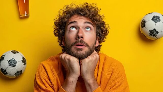 Generative AI. Young man with curly hair wearing orange sweater, looking up with hopeful expression, surrounded by soccer balls and a glass of beer, capturing the excitement of sports