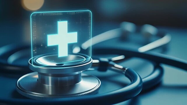 Cinematic depth-of-field shot showing a stethoscope with a floating holographic cross symbol, glowing softly in a blue-tinted environment