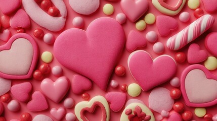 A top-down view of heart-shaped sweets and candies on a pink surface. This romantic and festive scene is perfect for Valentine's Day greetings, backgrounds, or confectionery promotions.
