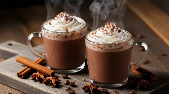 Cozy Winter Indulgence: Two Mugs of Hot Chocolate Topped with Whipped Cream and Cinnamon Sticks, Festive Holiday Drink