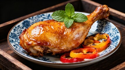 Glazed Roasted Turkey Leg with Mint and Grilled Peppers on Blue and White Ceramic Plate