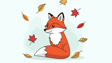 Obraz premium A cute cartoon red fox sitting among falling autumn leaves.