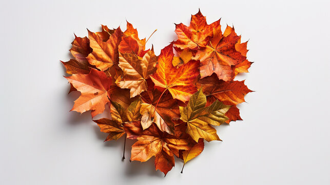 Heart shape made of colorful fall maple leaves isolated on white background