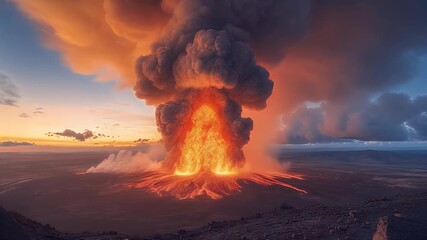 Volcanic Eruption at Sunset with Fiery Lava Flow and Smoke Plume - Powered by Adobe