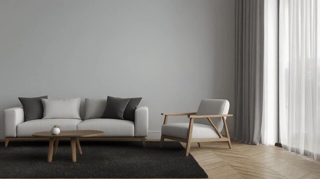 Modern living room with a comfortable sofa, wooden armchair, and a coffee table with a vase