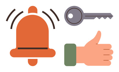 Orange notification bell with lines indicating sound, gray key object, and thumbs-up hand gesture. Ideal for alerts, security, approval, success, notifications access encouragement. Simple flat