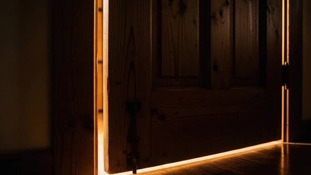 Ajar wooden door with light shining through the gap.