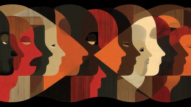 Abstract art collage of diverse human profiles in earthy tones. This modern illustration evokes themes of unity, community, and multiculturalism. Perfect for social projects or backgrounds.
