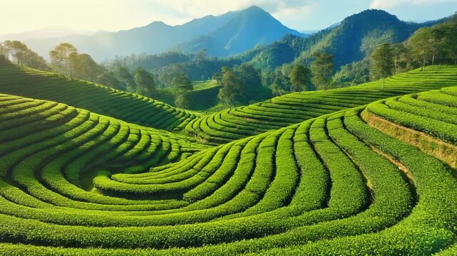 A stunning panoramic landscape of a terraced green tea plantation on rolling hills, with morning sunlight illuminating the vibrant fields