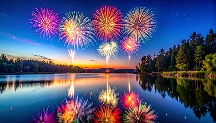 Spectacular firework display reflecting on the tranquil lake at twilight hour