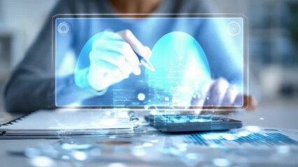 Businesswoman analyzing financial data and writing notes with futuristic digital graphics overlay. Modern technology and finance concepts blend seamlessly in a professional office environment - Powered by Adobe