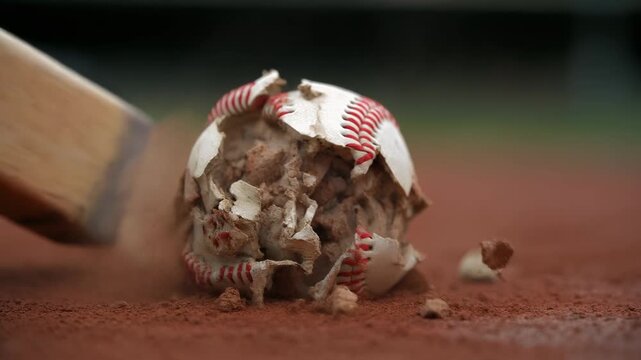 A baseball being struck by a bat, shattering and revealing its core on a dirt field.