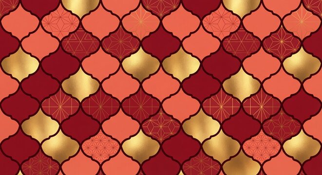 Seamless luxury red and gold moroccan lantern tile pattern geometric background texture art deco style