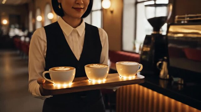 Smiling Asian Waitress Serving Three Cups of Coffee on a Tray in a Cozy Cafe.