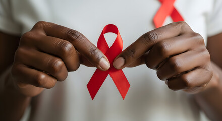Hands delicately holding a vibrant red ribbon, symbolizing global HIV awareness and solidarity during World AIDS Day campaign, promoting hope and support