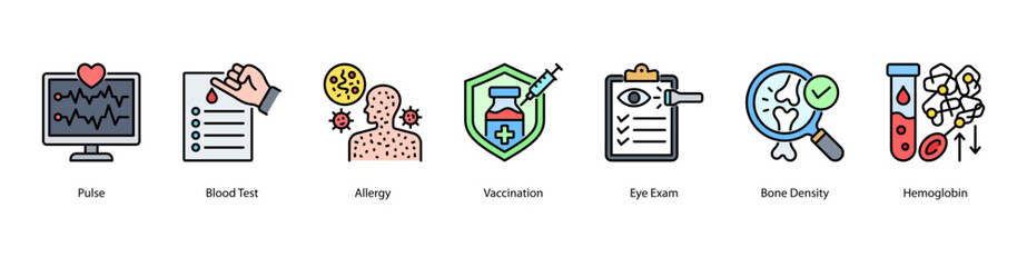 Laboratory Health Indicators web banner icon vector illustration featuring Pulse, Blood Test, Allergy, Vaccination, Eye Exam, Bone Density, and Hemoglobin for essential medical metrics.