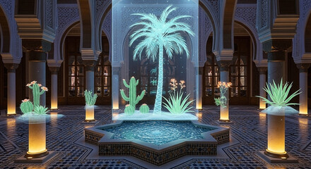 A mystical Moorish courtyard with glowing desert plants and futuristic light installations