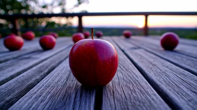 Aesthetic Apples on a Wooden Surface with a Beautiful Sunset Backdrop Ambiance
