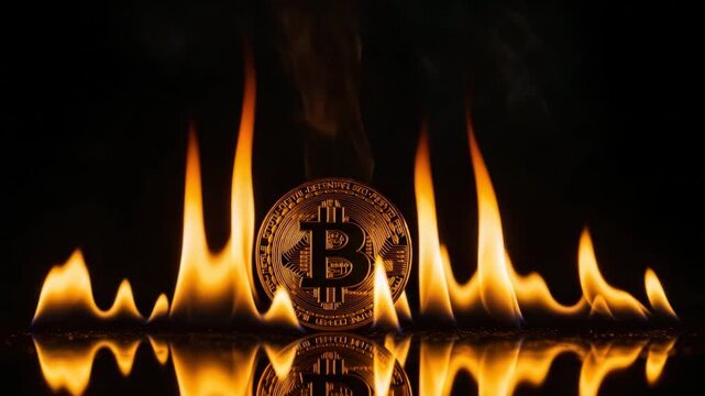 Cryptocurrency Market Crash: Gold Bitcoin Coin Surrounded by Intense Flames on a Dark Reflective Surface, Financial Crisis