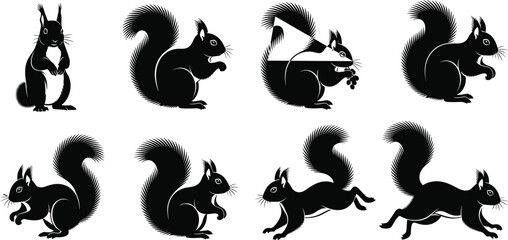 PrintSet of eight black squirrel silhouettes, vector collection of wild forest animals in various poses like running, jumping, and sitting, isolated on white.