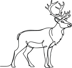 Fototapeta premium One continuous line drawing of christmas reindeer. Wild animal deer with antlers is dynamic silhouette in simple linear style vector art with background