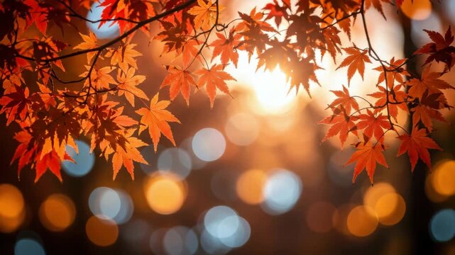 Autumn Sunlight Bokeh: Orange Japanese Maple Leaves Silhouetted Against Soft, Blurred Lights and Sun Flare, Seasonal Beauty