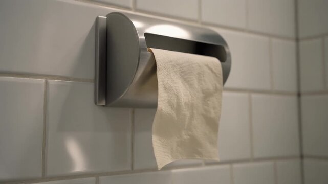 A modern bathroom detail featuring a sustainable, unbleached toilet paper roll in a sleek metal holder against a white tiled wall, representing daily hygiene and eco-conscious living