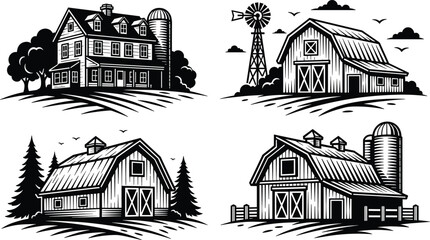 Vintage farmhouse and barn illustrations, rustic farm building collection with windmill, silos, countryside landscape, agriculture design, rural homestead artwork set © Mahidul