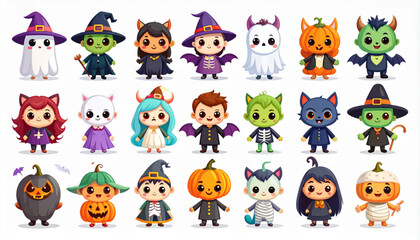 Fototapeta premium A charming collection of cute kawaii chibi characters dressed in festive Halloween costumes, featuring a ghost, witch, vampire, pumpkin, and other spooky friends