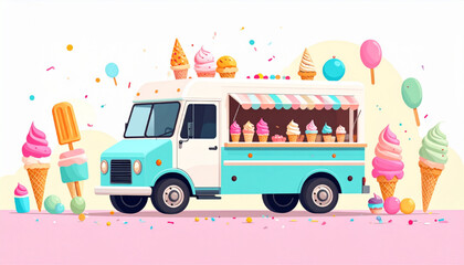 Sweet Summer Adorable ice cream truck illustration with colorful treats