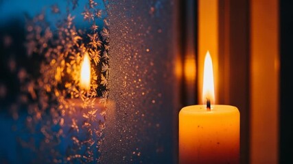 A warm glowing candle illuminates a frosty window pane on a cold winter night, creating a cozy and reflective atmosphere. - Powered by Adobe